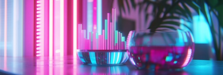 Poster - Abstract neon pink and blue light reflecting on glass objects.
