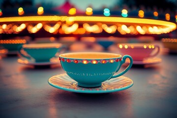Aufkleber - Teal teacup on saucer with blurry carousel background at night.