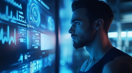 Aufkleber - Man studying futuristic interface displaying graphs, charts, and data.