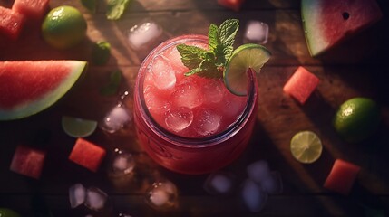 Sticker - Refreshing watermelon drink with ice, lime, and mint in a mason jar on wooden background.