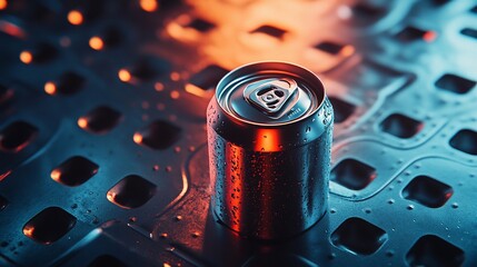 Poster - Close-up of a cold, metallic beverage can with condensation, sitting on a textured surface illuminated with vibrant red and blue lighting.