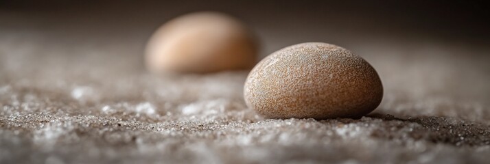 Two small, round, light brown objects rest on a textured, light gray surface.