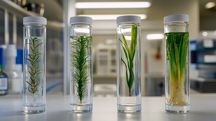 Poster - Four glass cylinders contain various plants submerged in liquid, set against a blurred lab background.