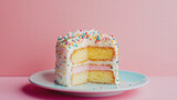 Delightful cake with colorful sprinkles and surprise filling, showcasing layers of yellow and pink sponge. Perfect for celebrations and joyful moments