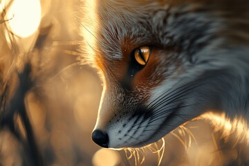 Aufkleber - Close-up profile of a red fox at sunset, golden hour light illuminating its fur.