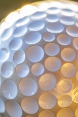 Poster - Close-up of a golf ball's dimpled surface, illuminated by warm light, showing texture and depth.
