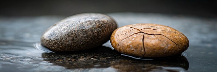 Leinwandbilder - Two smooth, wet stones on dark surface; one grey, one brown, cracked.