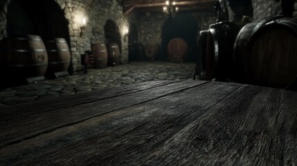Aufkleber - Rustic wooden table in a dark, stone wine cellar with oak barrels.