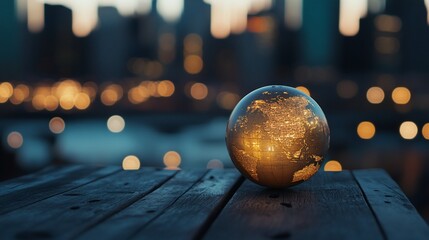 Aufkleber - Golden globe rests on weathered wood, city lights bokeh background.