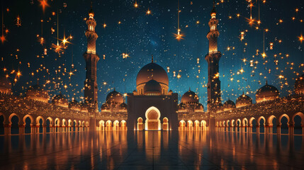 Wall Mural - a beautifully illuminated mosque at night, with countless glowing lights and stars creating a magica