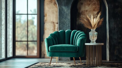 Poster - Teal velvet armchair in a stylish, moody interior with pampas grass.