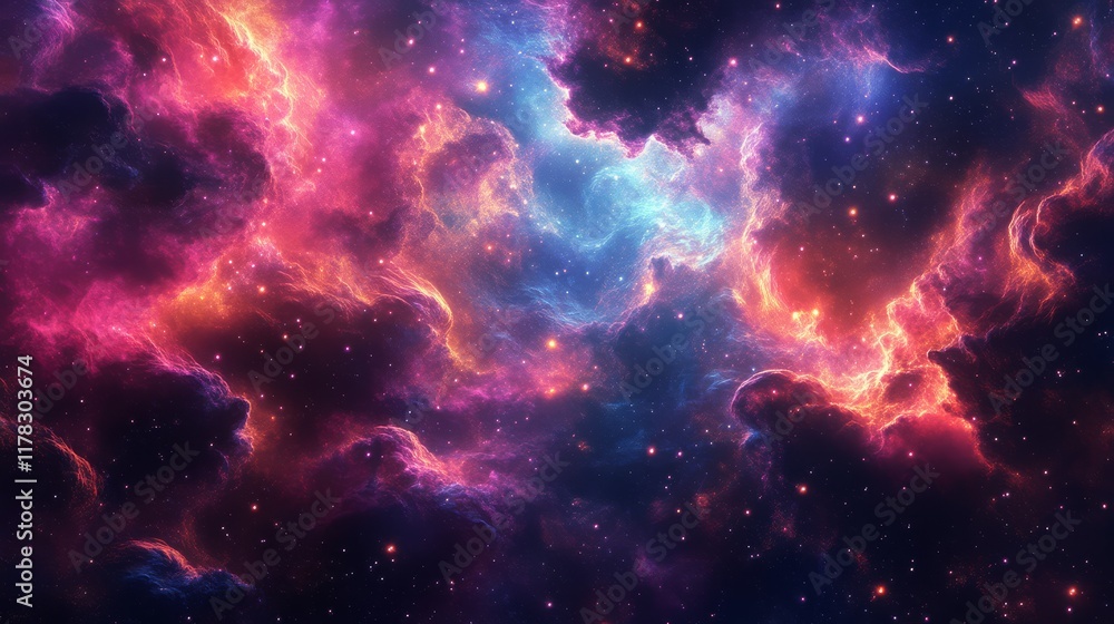 A vibrant cosmic scene featuring swirling clouds of purple, pink, and blue, representing the vastness and beauty of space.