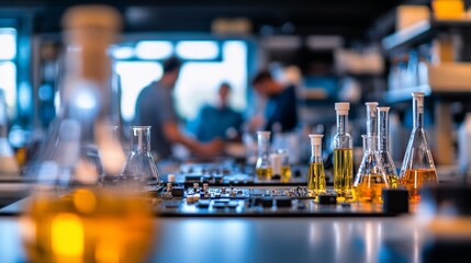 Leinwandbilder - Lab glassware with yellow liquid, scientists blurred in background.