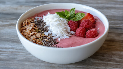 Wall Mural - refreshing smoothie bowl topped with coconut, raspberries, and mint