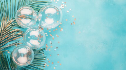 Poster - Transparent balloons, gold confetti, palm leaves on turquoise background.