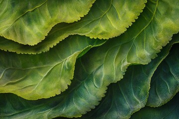 Poster - Close-up of overlapping green leaves with varying shades and textures, creating an abstract natural pattern.
