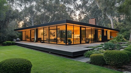Poster - Modern glass house with wooden deck, illuminated interior, surrounded by lush green landscaping at dusk.