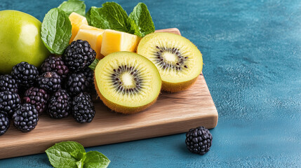 Wall Mural - Fresh fruit selection with kiwi, blackberries, apple, and mint leaves