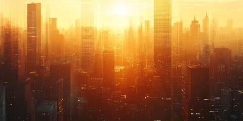 Fototapete - Golden hour cityscape panorama.