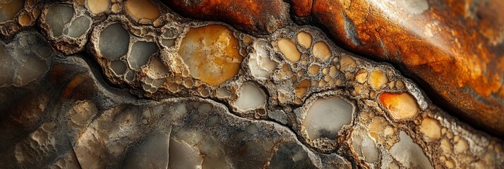 Fototapete - Close-up of a multicolored stone with a rough texture and various shapes and sizes of pebbles.