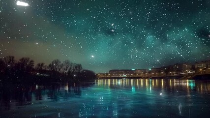 Wall Mural - the starry sky above the night city time lapse seamless looping overlay 4k virtual video animation background