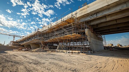 Aufkleber - Highway overpass under construction, showing concrete supports, scaffolding, and earthworks.