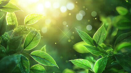 Wall Mural - Delicate green leaves of spring with a calming bokeh effect in the background capturing nature's beauty