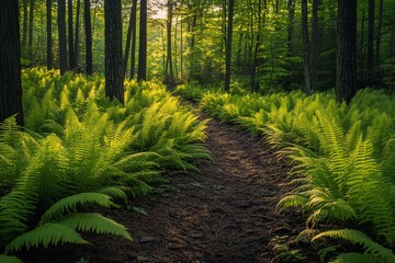Poster - Sunlit path through lush forest with ferns.