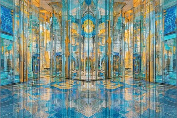Poster - Abstract mirrored interior with blue and gold hues, symmetrical design, reflecting light.