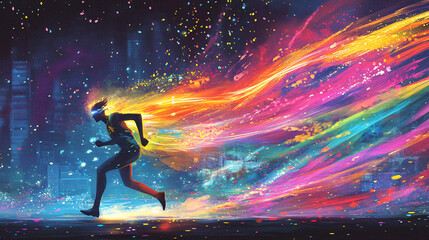 Wall Mural - a vibrant depiction of a torch bearer running through a city, with trails of colorful light behind t