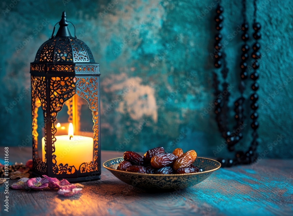 Ramadan background, in the color, with an Arabic lantern and dates on ...