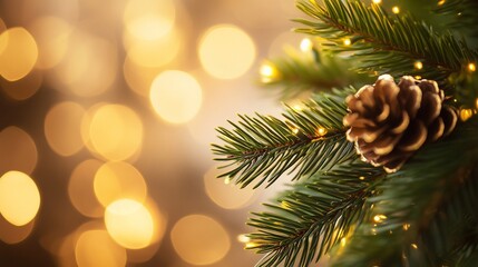 Poster - Close-up of a decorated Christmas tree branch with pine cone and warm lights.