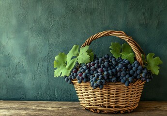 Sticker - Ripe dark grapes in a wicker basket, sitting on a wooden surface against a dark green wall.