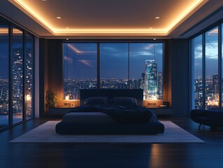 Canvas Print - Modern bedroom with city night view.