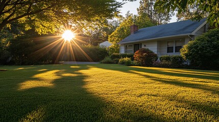 Poster - Sun rays illuminate a suburban home's lawn at sunset.