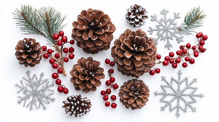 Poster - Festive winter arrangement with pine cones, berries, snowflakes, and pine branch on white background.