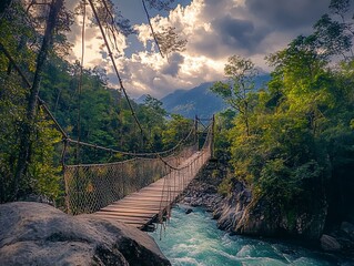 Poster - Rustic rope bridge spanning a vibrant river in a lush, mountainous jungle.