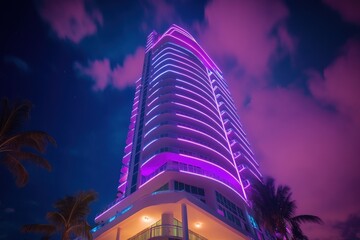 Wall Mural - Neon Nightscape: Miami Beach Tower in Vivid Purple and Blue Lights