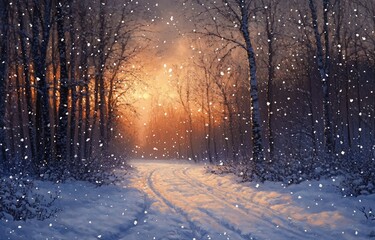 Aufkleber - Snow-covered path in winter forest at sunset.