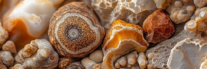Aufkleber - Close-up of various agate stones, showcasing their intricate patterns, textures, and earthy tones.