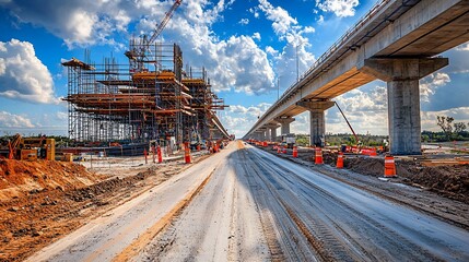 Aufkleber - Highway construction site with elevated road and building under construction.