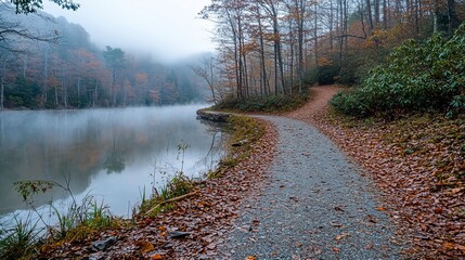 Poster - Misty autumn morning trail along calm lake in forest.