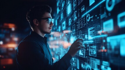 Man interacts with a futuristic holographic interface.