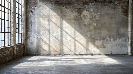 Poster - Sunlit industrial interior with exposed brick wall and large windows.