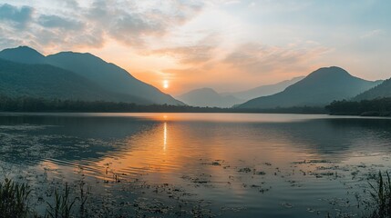 Poster - Serene sunset over calm lake mirroring mountains.
