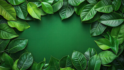 Wall Mural - fresh tropical leaf frame on a vibrant green background, ideal for showcasing summer
