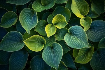 Poster - Lush green foliage background texture of hosta plants with vibrant colors and veins.