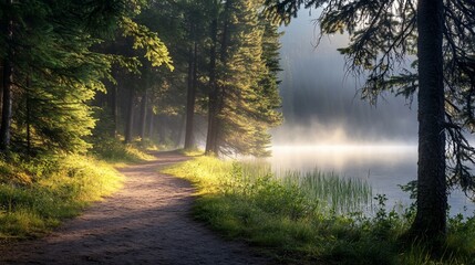 Poster - Misty morning sunrise illuminates a tranquil lake path winding through a lush pine forest.