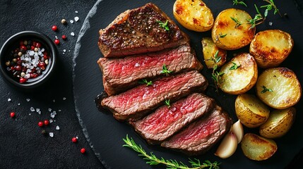 Poster - Sliced grilled steak with roasted potatoes, herbs, and spices on a dark slate plate.