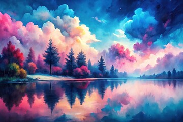 Wall Mural - AI-created watercolor art; pink, blue hues; Rule of Thirds layout.